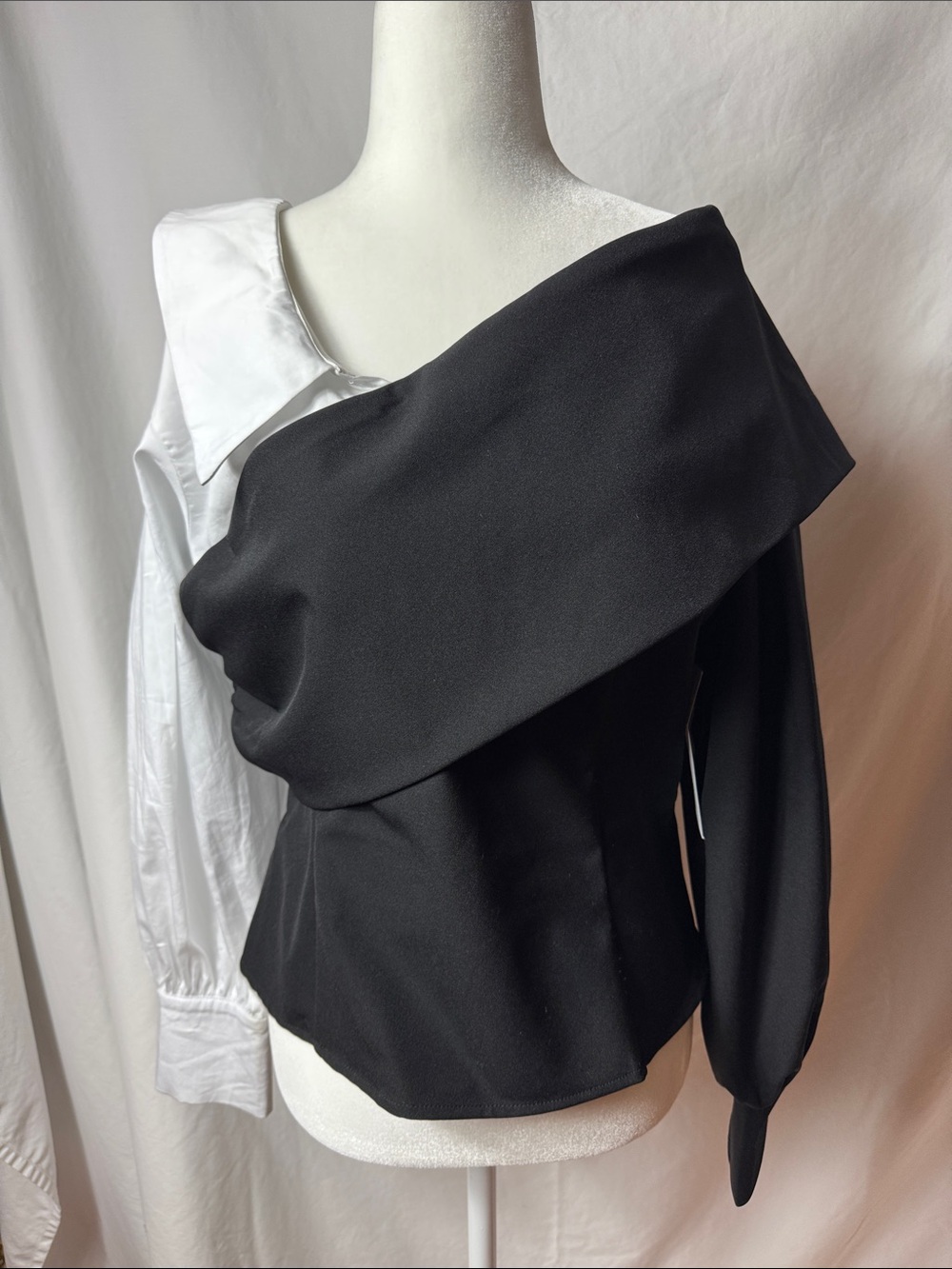 AKIRA Black and White Asymmetric Off-Shoulder Top